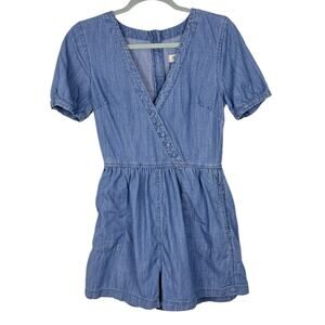 Madewell Chambray Denim Button-Wrap Romper 0/XS Retro
